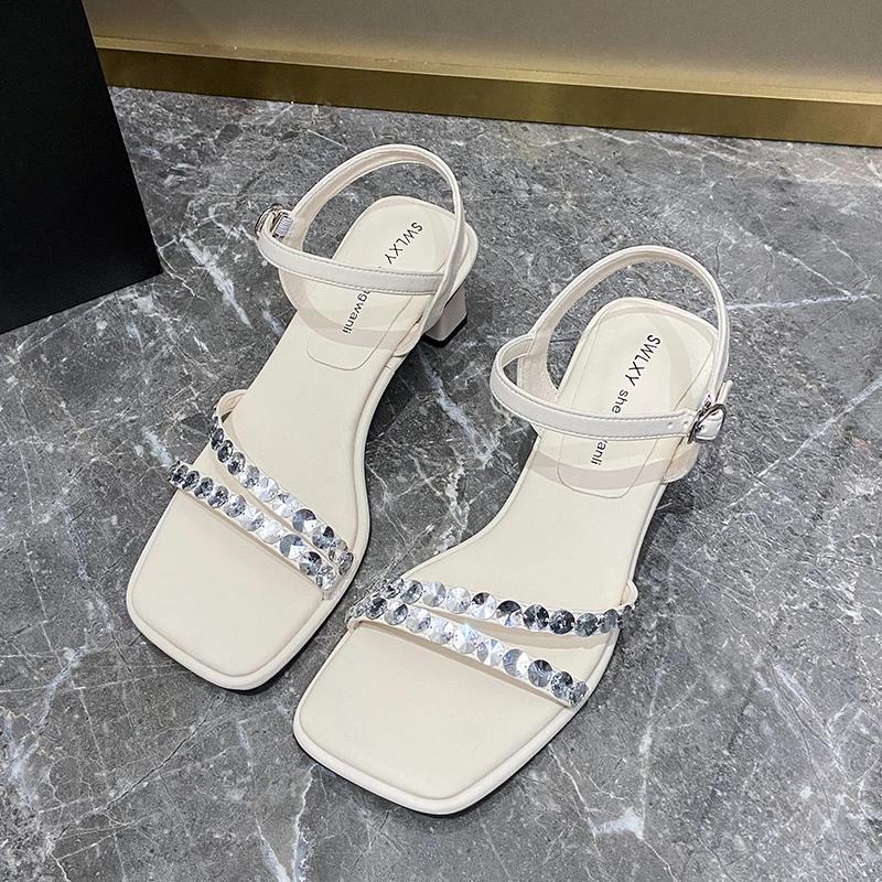 Fashion 2025 New Shiny Crystal Slippers Women's Luxury Rhinestone Mid Heel Sandals  Strange Heel Lace Up Summer