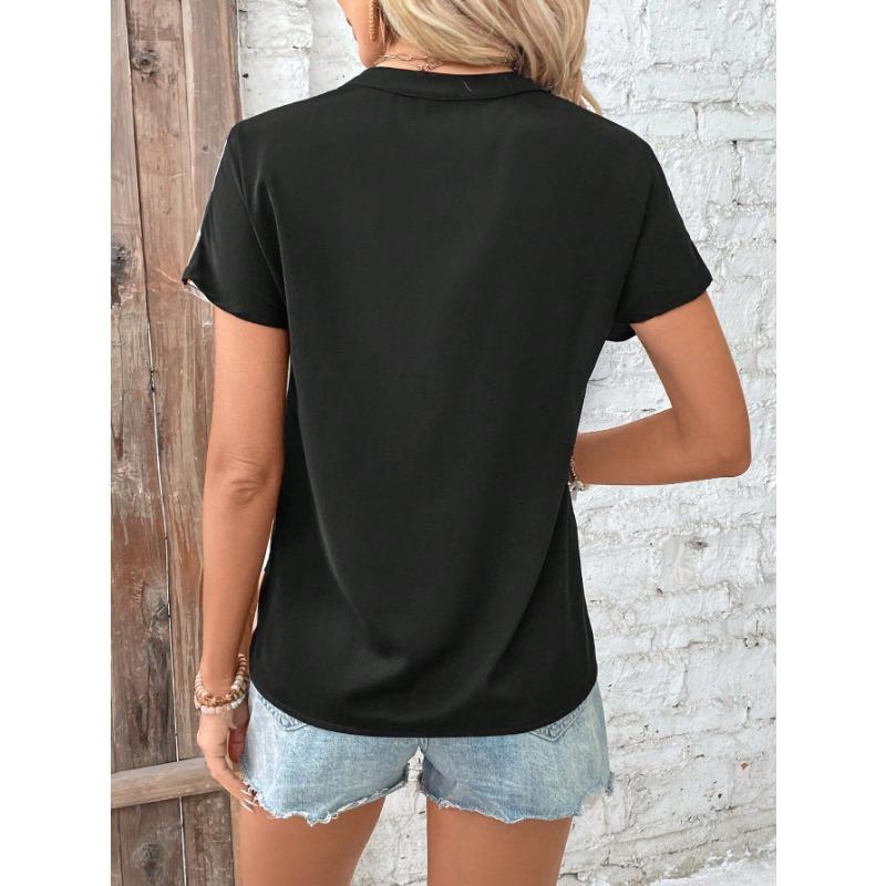 New Summer Women's Shirt V-neck Color-blocked Short-sleeved Casual and Comfortable Top