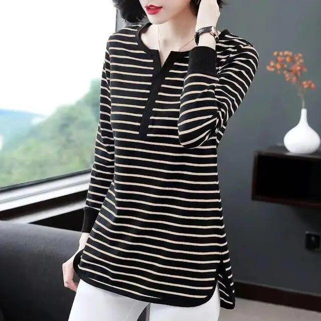 Autumn Winter New Striped T-shirt Women's Korean Loose Mid Length Long Sleeve Top Fashion Round Collar Bottoming Shirt M-5XL