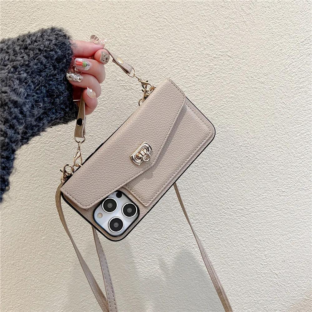 Kožená Luxusní Peněženka Crossbody Pouzdro na Telefon pro IPhone 16 15 14 Plus 11 12 13 Pro Max Přihrádka na Karty Držák Stojánek Dlouhý Lanyard Kryt