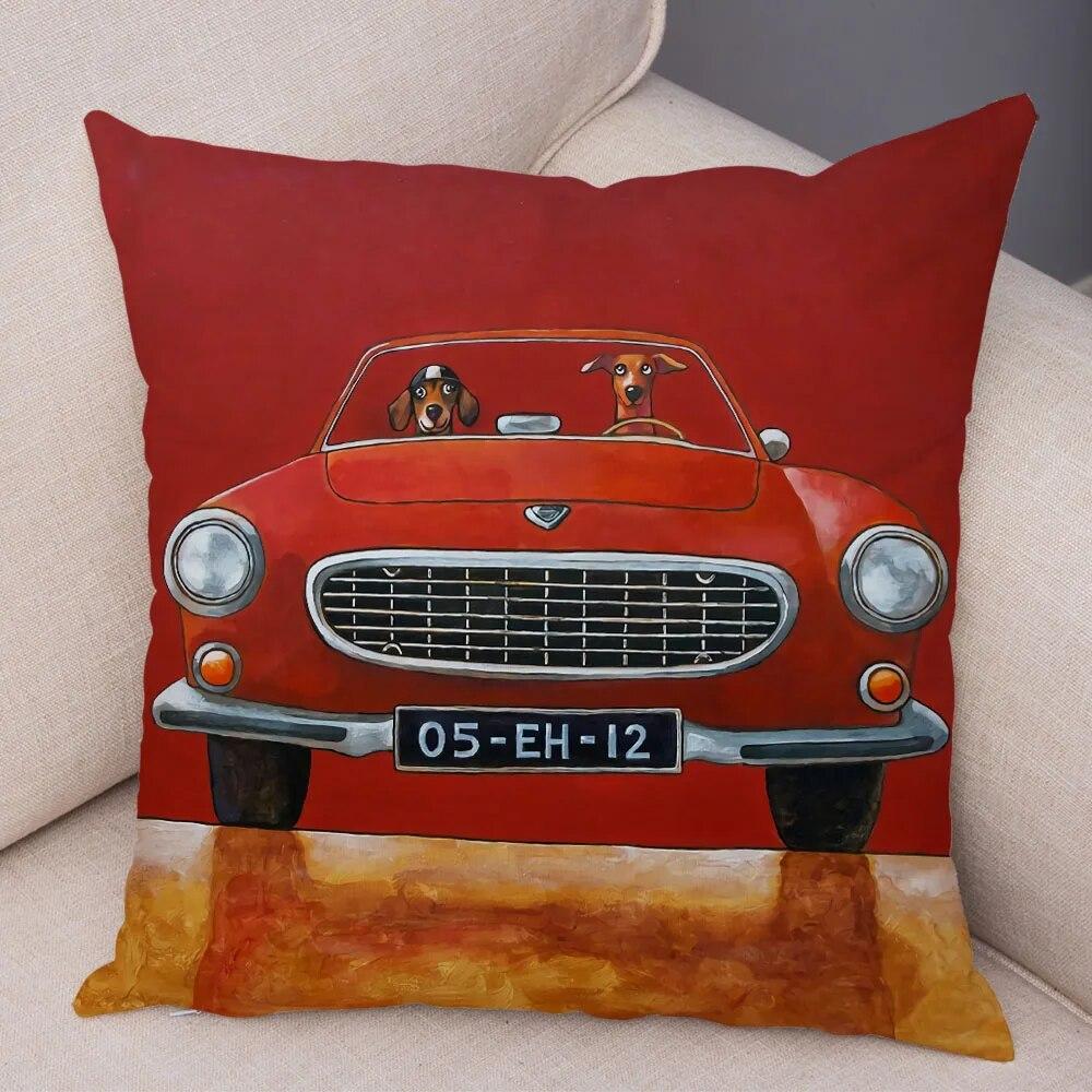 Decor pentru casă Husă de pernă cu desene animate colorate care conduce autobuzul câinelui drăguț animale de companie dalmați fată de pernă canapea decorare mașină acasă