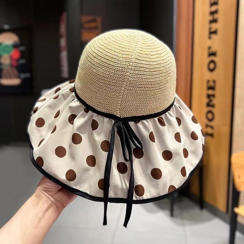 Hat Spring and Summer Female Face Covering Versatile Sunscreen Hat Bucket Hat Polka Dot Sun Hat Female Hat Straw Hat UV Protection Face Covering