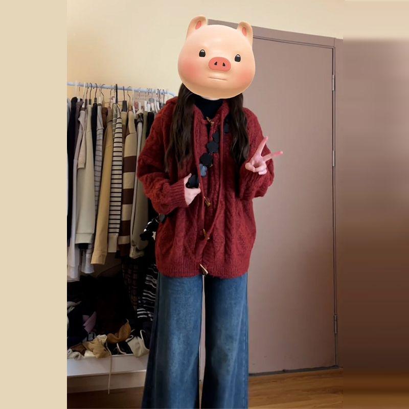 Women's Red Horn Button Hooded Knit Cardigan - Chinese New Year 2025 Style