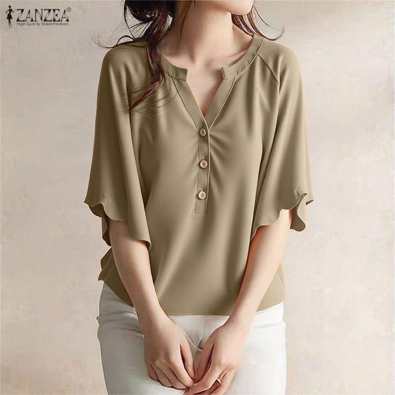 ZANZEA Women Casual Round Neck Solid Color Loose Half Sleeve Blouse