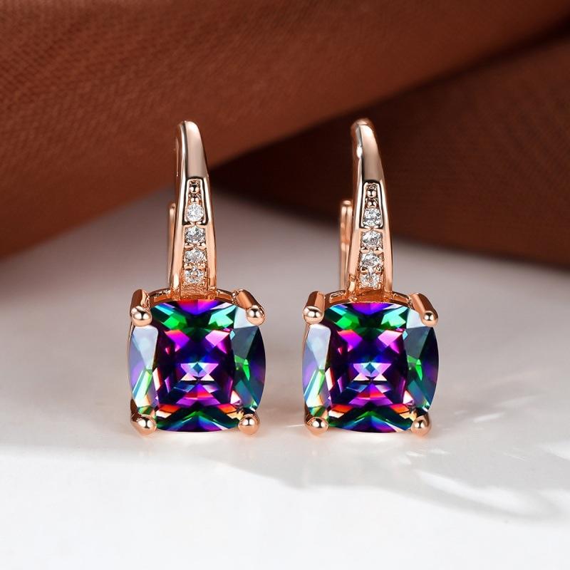 Rainbow Zircon Hoop Earrings Multicolor Crystal Square Stone Earrings Vintage Gold Color Wedding Earrings for Women Party