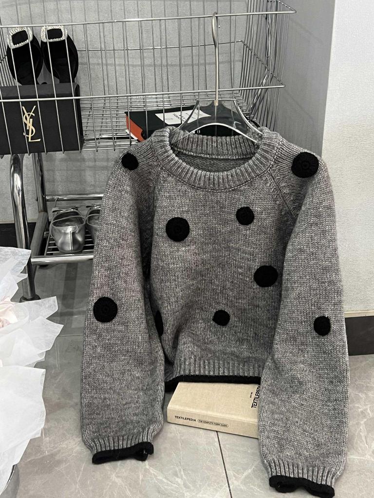 Women's Retro Polka Dot Fluffy Knit Sweater with Stand-Up Collar - Slimming Autumn/Winter Top