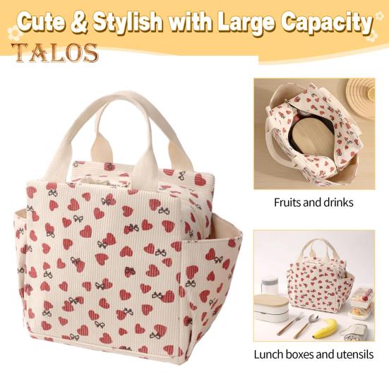 Corduroy Lunch Bag with Handle Waterproof Large Capacity Reusable Insulated Lunch Box Water Bottle Holder with Side Pockets