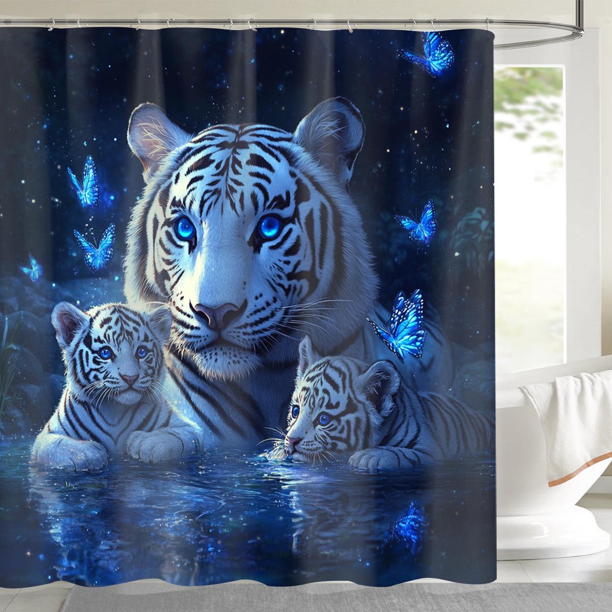 

1Pc Jungle Fierce Tiger Family Digital Printed Shower Curtain, Polyester With Hooks, Machine Washable, Woven, Suitable For All W60H190(CM)-1 Pcs