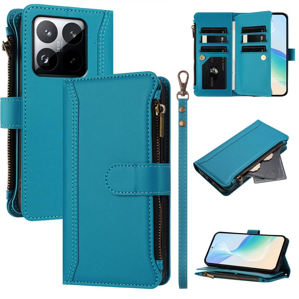 Etui skórzane dla Xiaomi 15T 9 przegródek na karty Portfel na zamek błyskawiczny Podstawka Pokrowiec na telefon z paskiem na nadgarstek