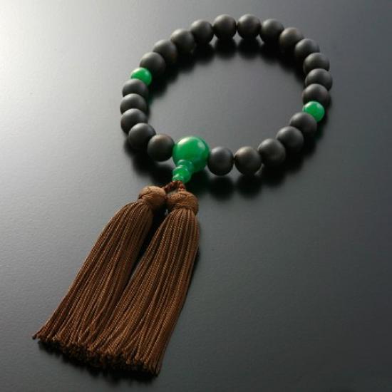 [Kyoto Butsudan Hayashi] Men's Buddhist Prayer Beads, Pure Silk with Miyako Tassel, Ebony (Unpolished) and Indian Jade (Men's) [Prayer Beads Bag Set]