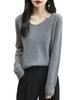 Yokbeer Merino Wool First Long Seamless Knitwear for 100% Women's V-Neck Sweater, Line, Ready-to-Wear, Warm, Sleeve, Cashmere-Like, Fall/Winter (Gray,