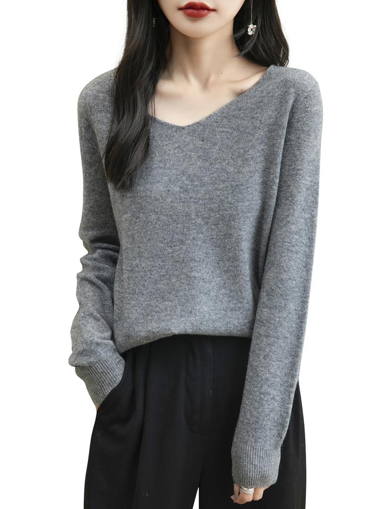 Yokbeer Merino Wool First Long Seamless Knitwear for 100% Women's V-Neck Sweater, Line, Ready-to-Wear, Warm, Sleeve, Cashmere-Like, Fall/Winter (Gray,