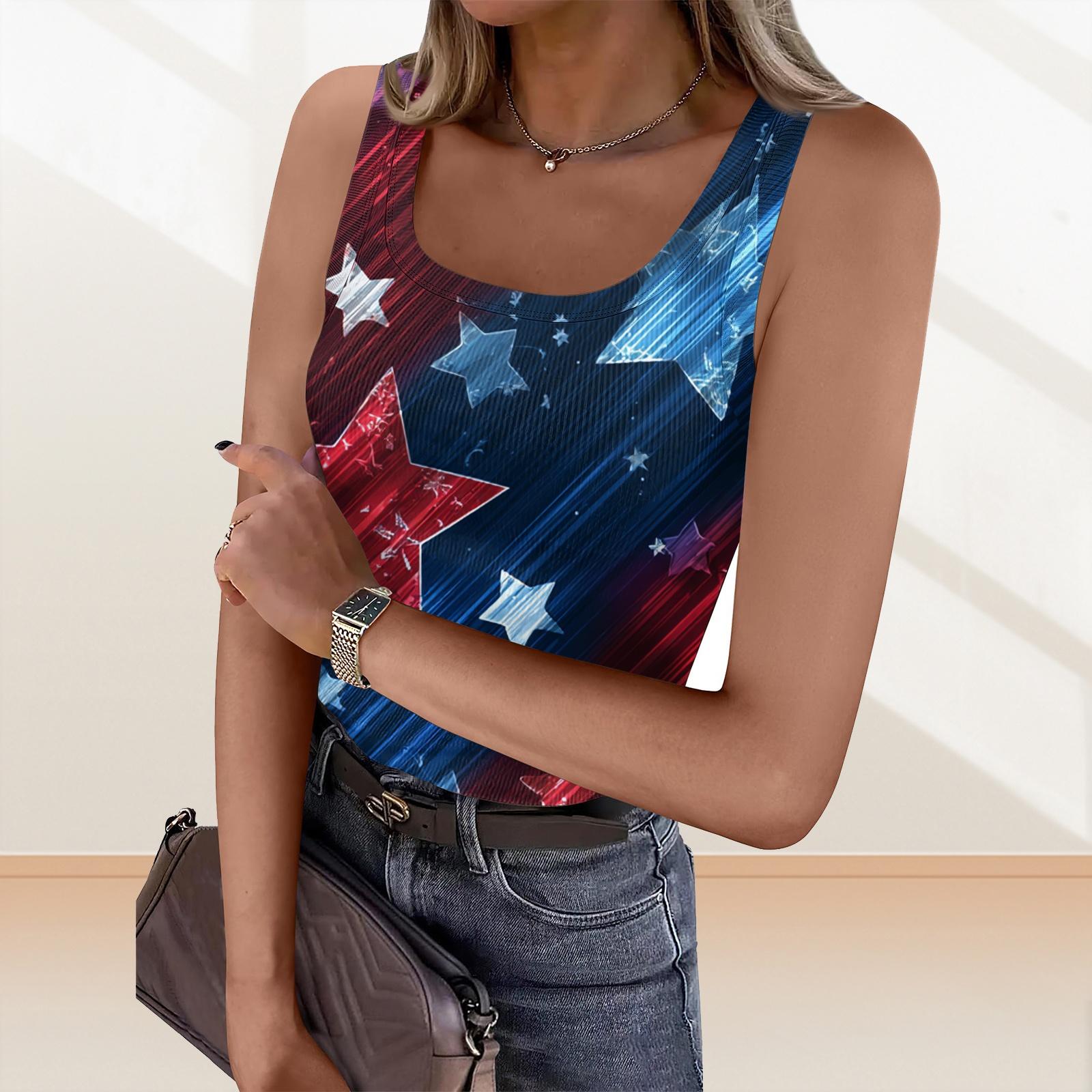 

Женский летний модный повседневный топ с принтом ко Дню независимости, круглым вырезом, без рукавов, приталенный жилет L чёрный