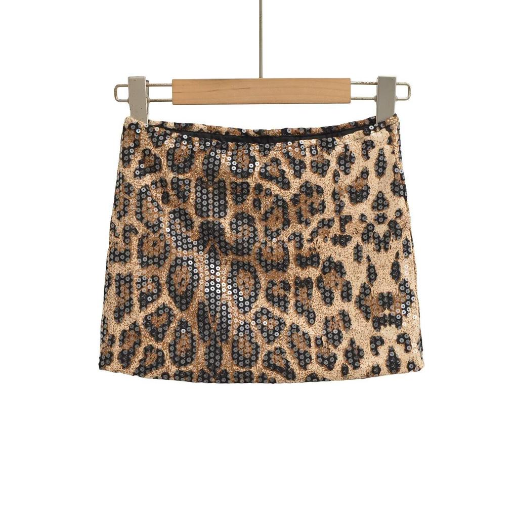 2025 Autumn Retro Leopard Print Sequin Low-Waist Hip-Hugging Short Skirt for Women