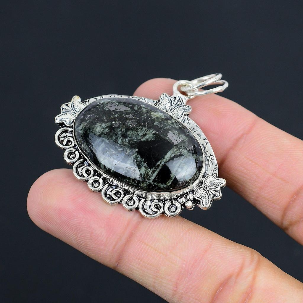 Natural Star Galaxy Jasper Gemstone Pendant Green 925 Sterling Silver Jewelry