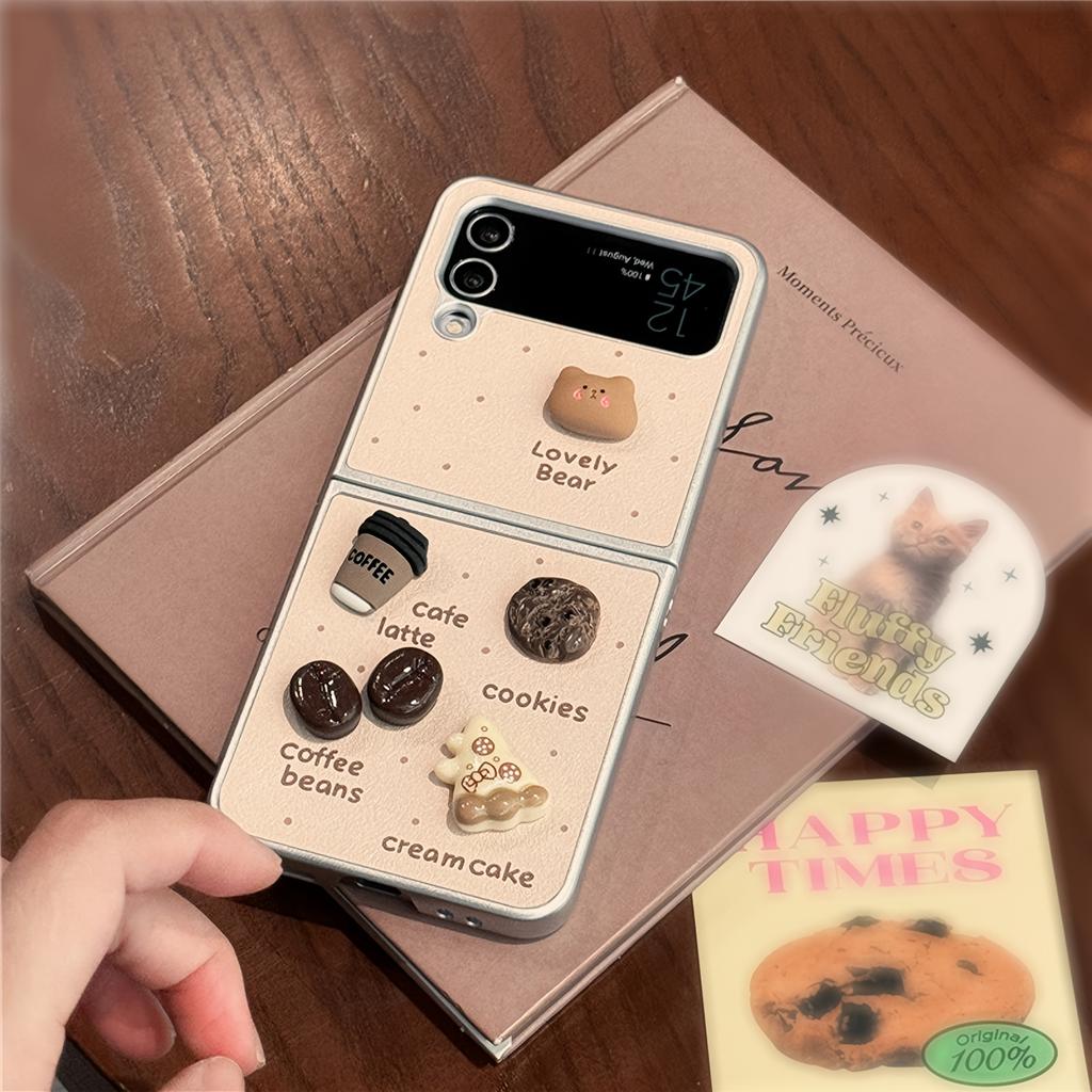 New Little Fresh Plating Veneer Bear Coffee Folding Phone Case for Samsung Galaxy Z Flip 6 5 4 3