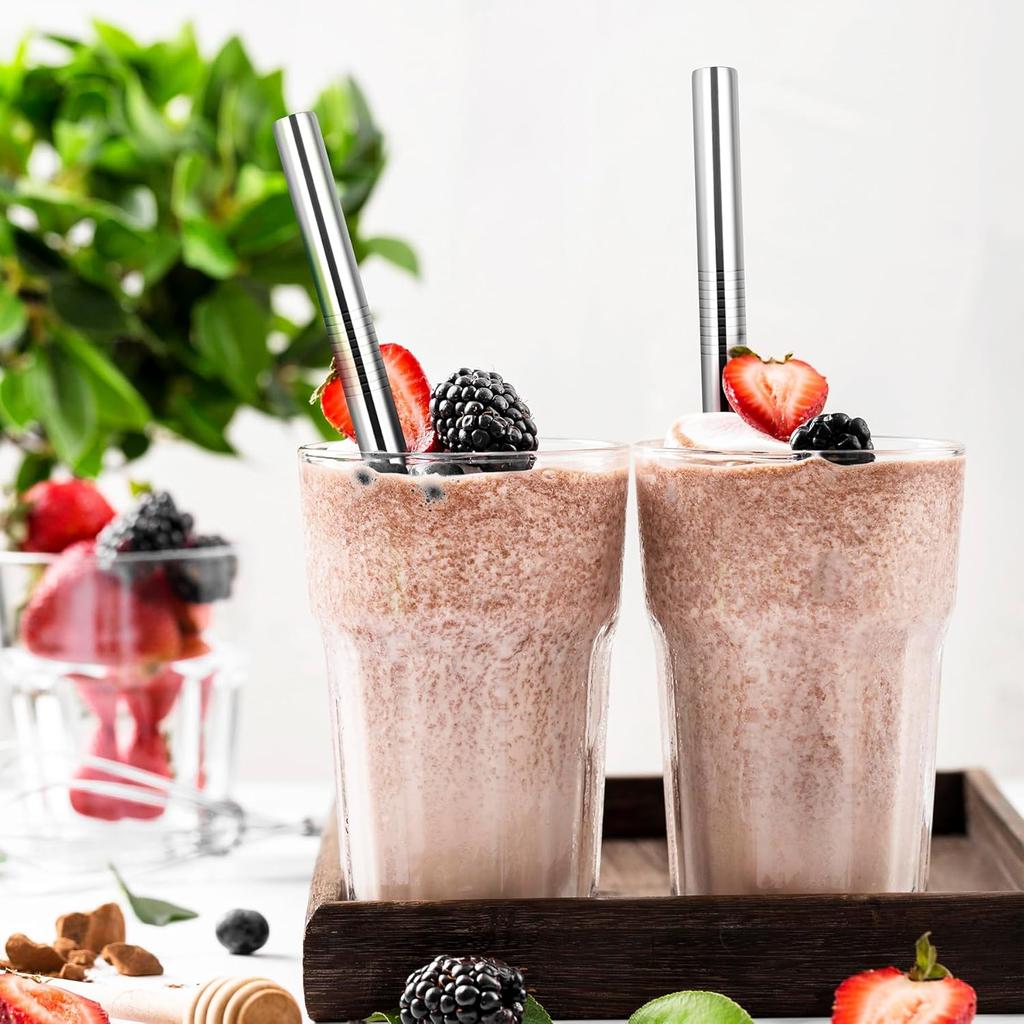 NiHome 6-Pack Stainless Steel Straws for Boba Smoothie, 0.5'' Extra Wide Reble Metal Straw, 10.5’’ Long Straight Drinking Straws for Bubble Tea