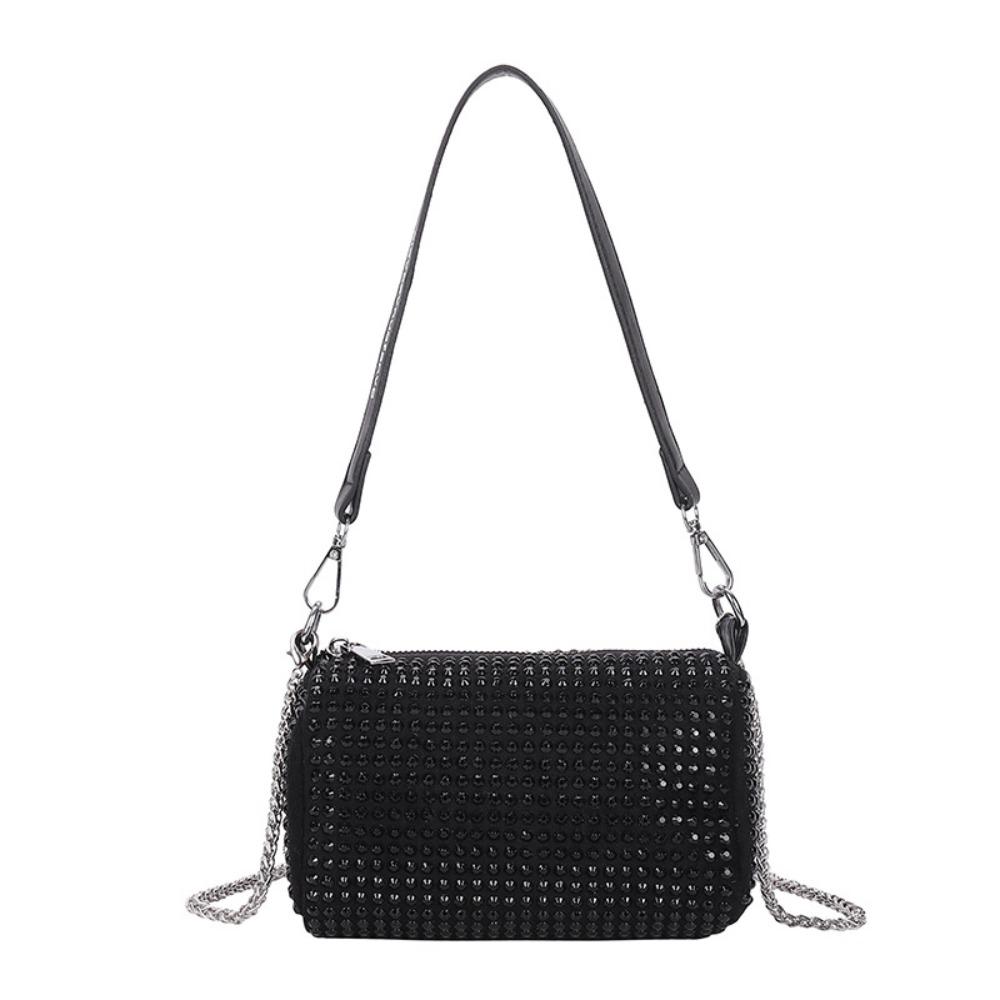 Large Capacity Small Square Bag Zipper Chain Shoulder Bag Personality Rhinestone Handbag  Party