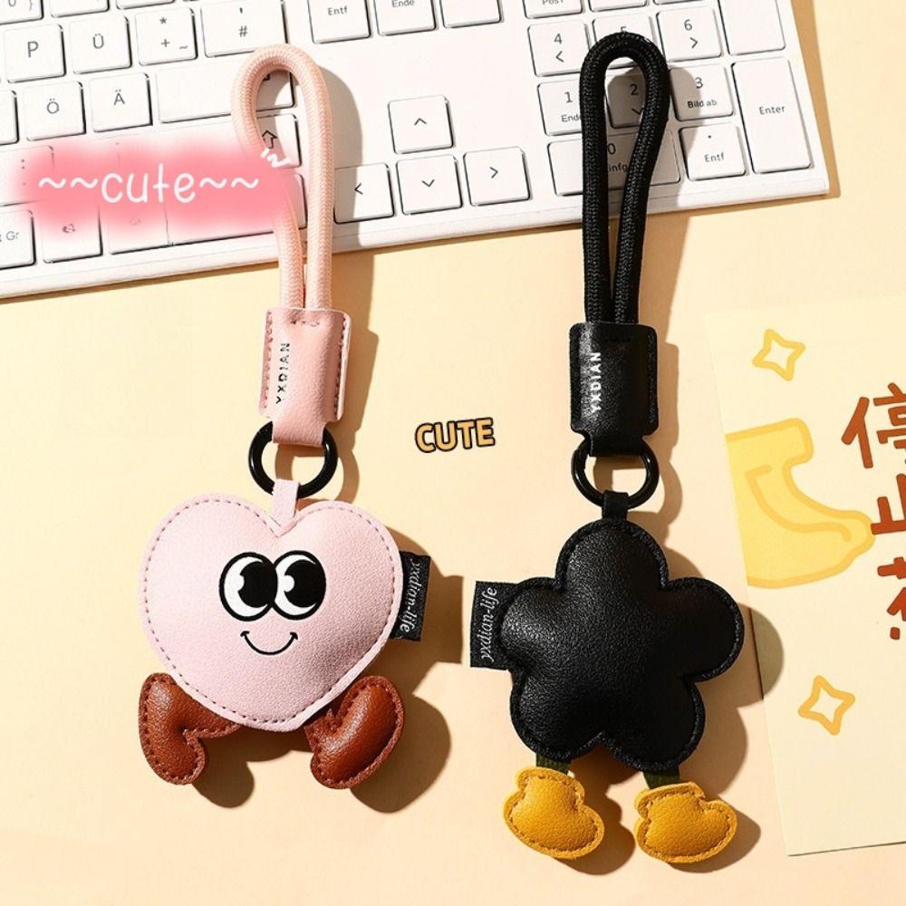 Big Eyes Leather Flower Pendant Funny Keyring with Lanyard Cartoon Keychain  Backpack Key Decor