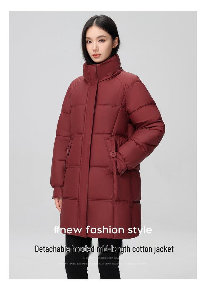 2024 Women's Winter Mid-Length Korean-Style Down Jacket with Detachable Hood