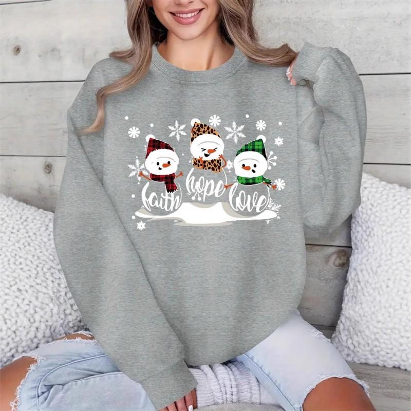 Christmas Snow Print Crew Neck Sweatshirt Women Loose Fit Casual Long Sleeve Top