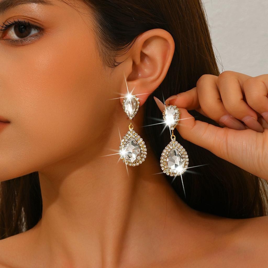 Exaggerated Bridal Wedding Earrings African Popular Ladies Diamond-encrusted Long Earrings Silver Tassel Earrings + Necklace + Jewelry