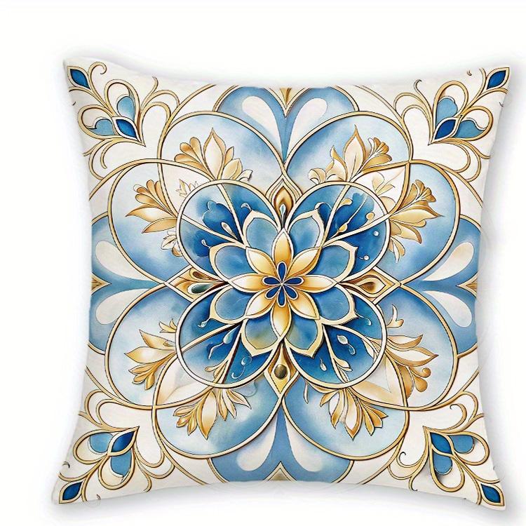 1/4pcs Bohemian Blue Gold Floral Tile Throw Pillow Covers Vintage Mediterranean Style Cushion Cases for Home Sofa Bedroom Decor