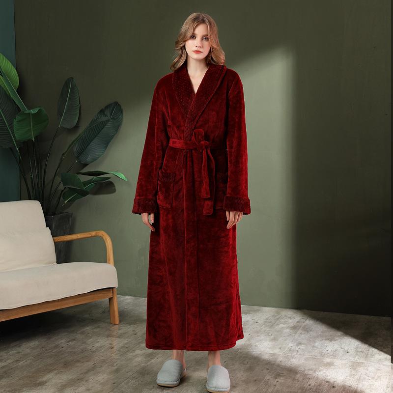 Women's & Men's Double-Sided Thick Coral Fleece Bathrobe - Long, Ankle-Length, Ideal for Autumn & Winter