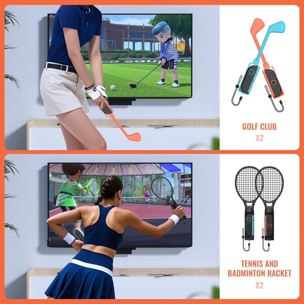 JOYTORN Zestaw Akcesoriów do Gier Sportowych dla Nintendo Switch 2 Zestaw Imprezowy Sportów Rodzinnych z Tenisem Golfem Pasem na Nogę i Gripem 12 w 1 (2025), Rakieta, Klub,