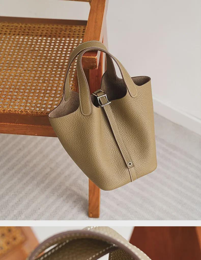 Black Genuine Leather Lychee Pattern Bucket Tote Bag for Women