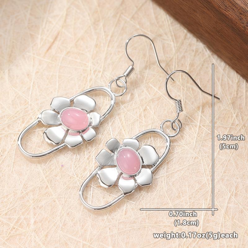 Vintage Silver Color Oval Inlaid with Pink Stones Earrings Metal Carving Flower Dangle Earrings for Women Jewelry
