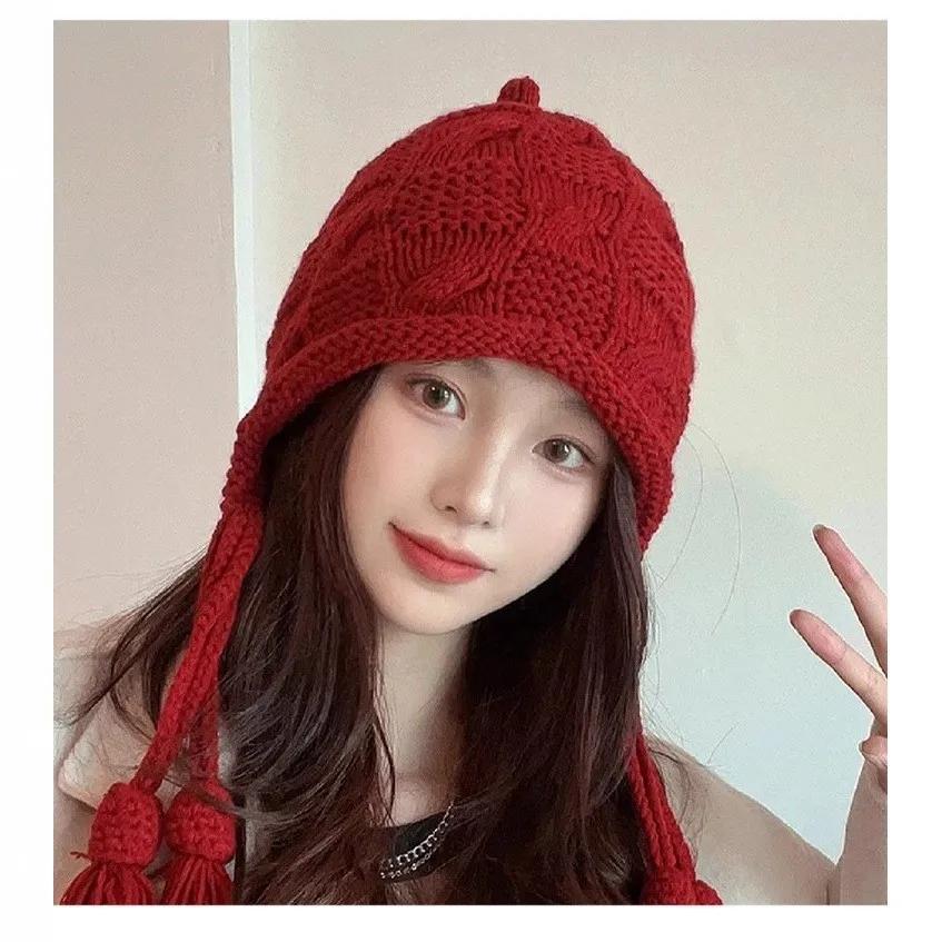 Christmas Red Beanie For Women, Patchwork Fringe Knit Hat, Festive Slouchy Winter Cap As Xmas Gift