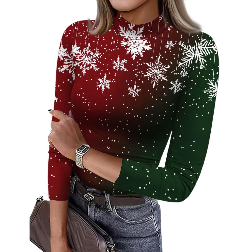 Damen Slim Bottom T-Shirt Mode Lässig Farbverlauf Druck Rundhals Pullover 3/4 Ärmel Top