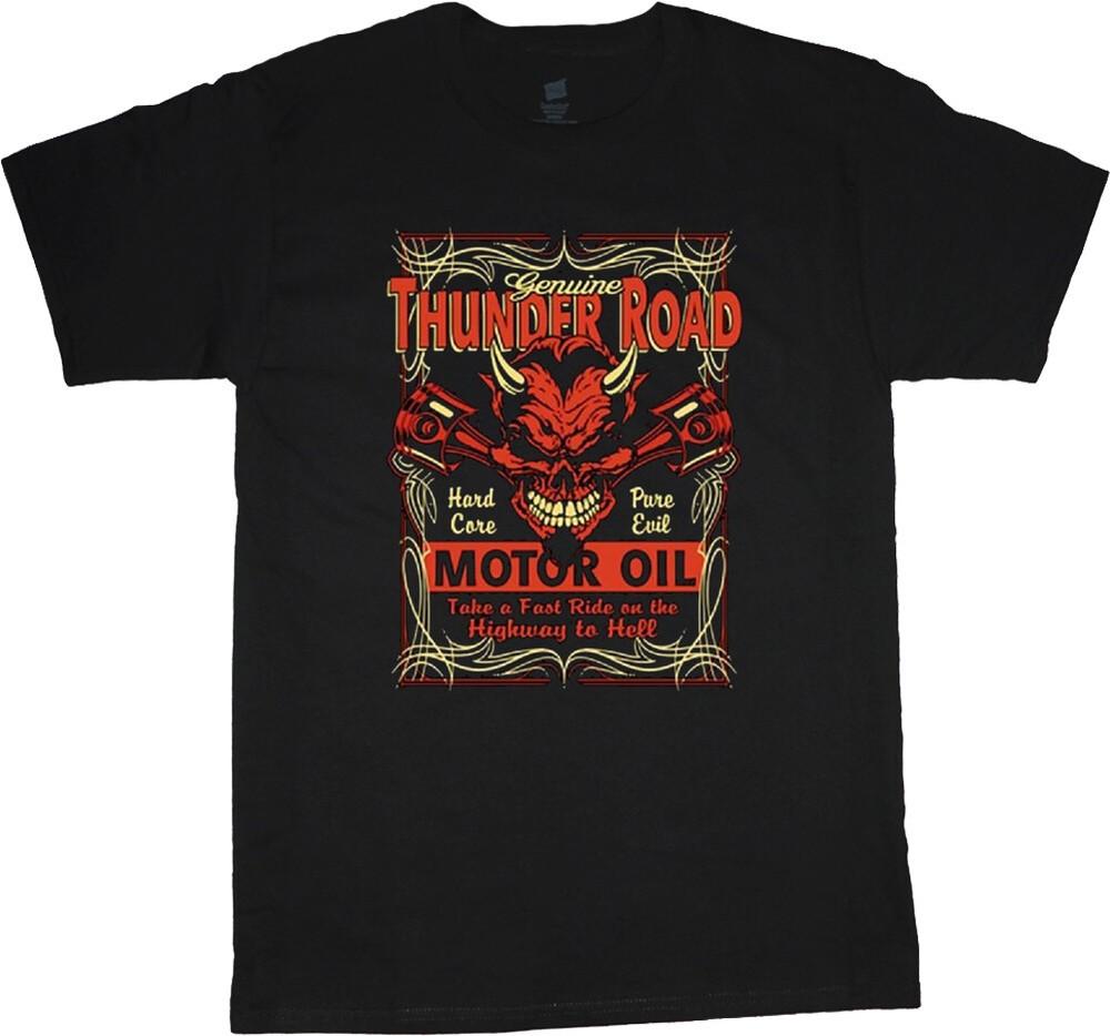 

Футболка для высоких и крупных людей Thunder Road Моторное масло Дизайн байкера Рога дьявола Дрэг-рейсинг Унисекс Футболка XL