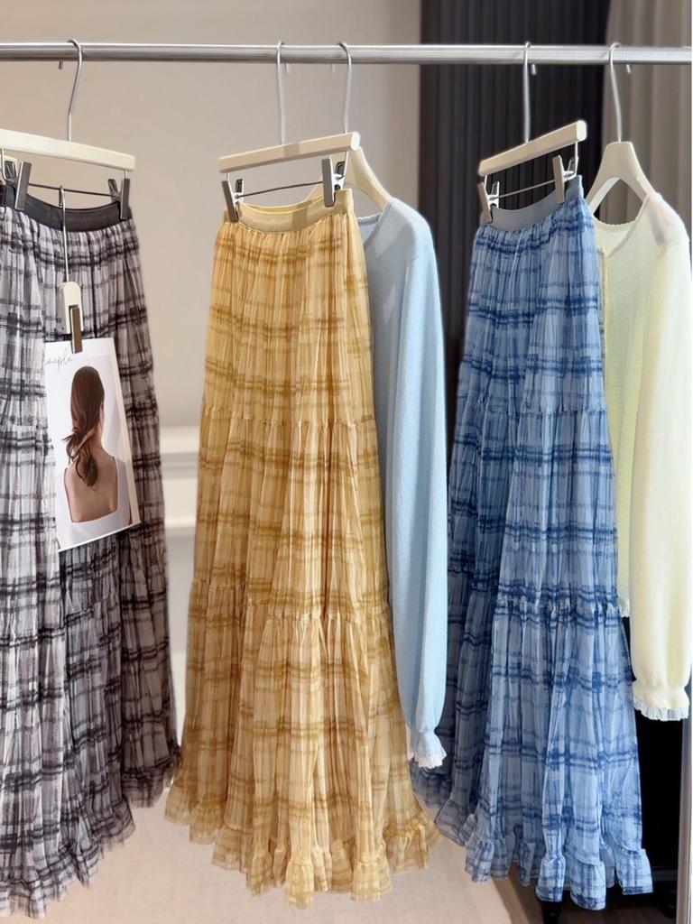 Elegant Pleated Plaid Lace Mesh Midi Skirt - Women's Spring/Summer Fashion