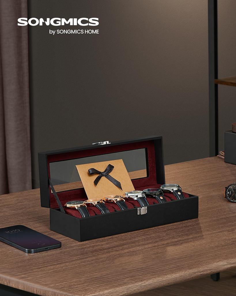 SONGMICS Watch Case for 6 Made of Watch Collection Case with Transparent Watch Accessory Day Birthday Celebration JWB006R01 Watches, PU, Storage,