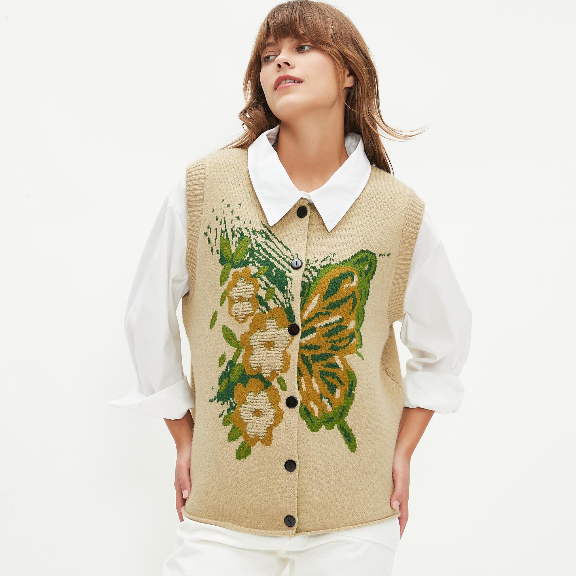 

DIMANAF 2025 Женский жилет без рукавов с пуговицами, свитера, стильный принт, вязаный повседневный свободный свитер One Size бежевый