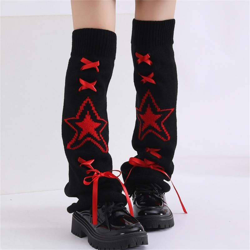 Women's Punk Star Pattern Knitted Leg Warmers with Ribbon Bows Flared Boot Covers Knee Length Socks Japanese Streetwear