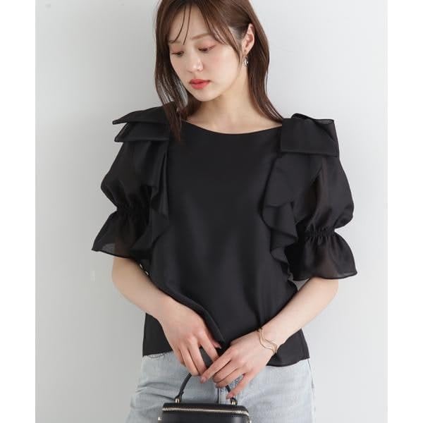 Proportion Body Dressing Ribbon Ruffle Blue Women's Blouse, 5/8 Sleeve,