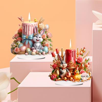Easter Candle Bunny Table Sign 2D Flat Acrylic Egg Flower Rabbit Decoration Home Living Room Spring Easter Holiday Party Tabletop Ornament