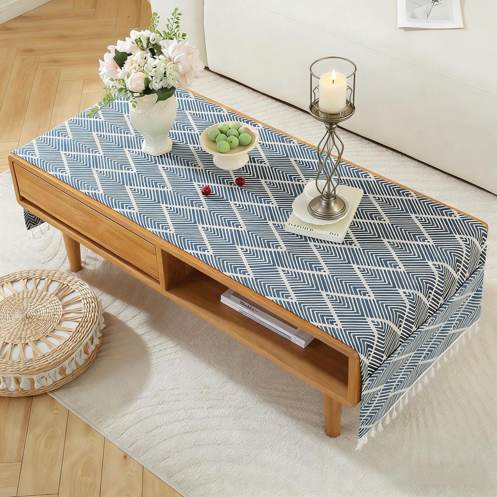 End Table Decoration Farmhouse Rectangular Cotton Coffee Table Cloth with Pockets