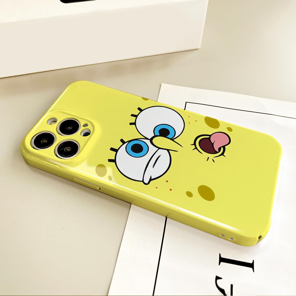 MINISO Cartoon Funny FACE S-SpongeBob Phone Case For IPhone 16 15 14 13 12 11 Plus Pro Max Mini Glossy HD Hard Cover Film Shell