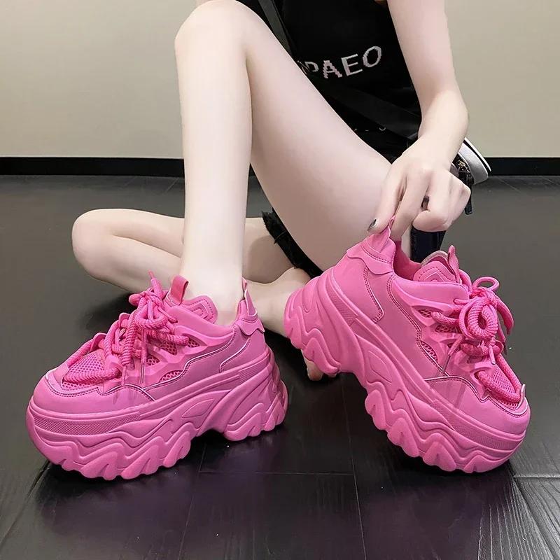 Fashion 8.5cm Women Platform Sneakers Lace-up Autumn Sports Dad Shoes High Top Chunky Casual Shoes Woman Thick Bottom Mesh White Shoes