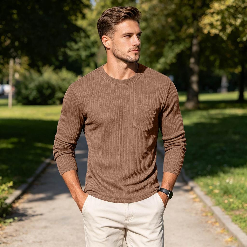 Men's Round Neck Casual Color Knit Base Layer Shirt with Pocket for Everyday Layering