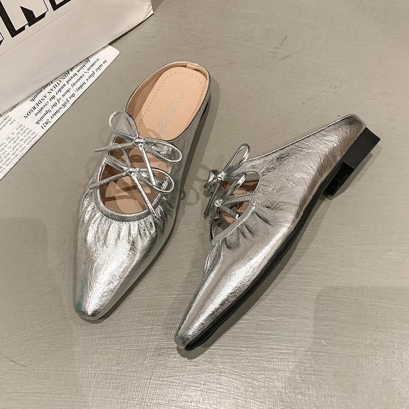 

Женские туфли бабочка-узлы тапочки женские летние увеличенные внутренние низкие 2025 серебристая ткань Мэри Джейн ПУ резина Рим бабочка- 35 серебряный