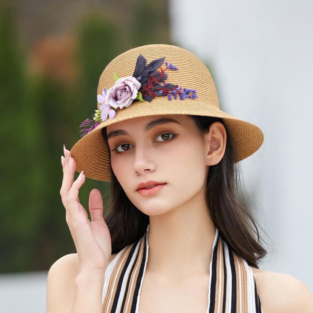 Summer bucket hat women's woven flower hat top hat sun hat vacation sun hat