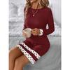 Fall Winter Women's Burgundy Round Neck Long Sleeve Knit Dress, Elegant European American Style Casual Party Dress