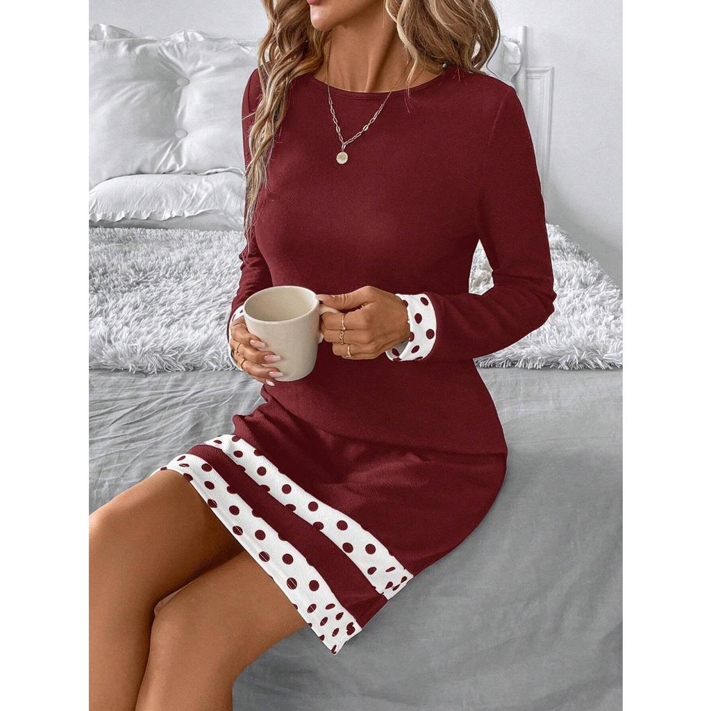 Fall Winter Women's Burgundy Round Neck Long Sleeve Knit Dress, Elegant European American Style Casual Party Dress