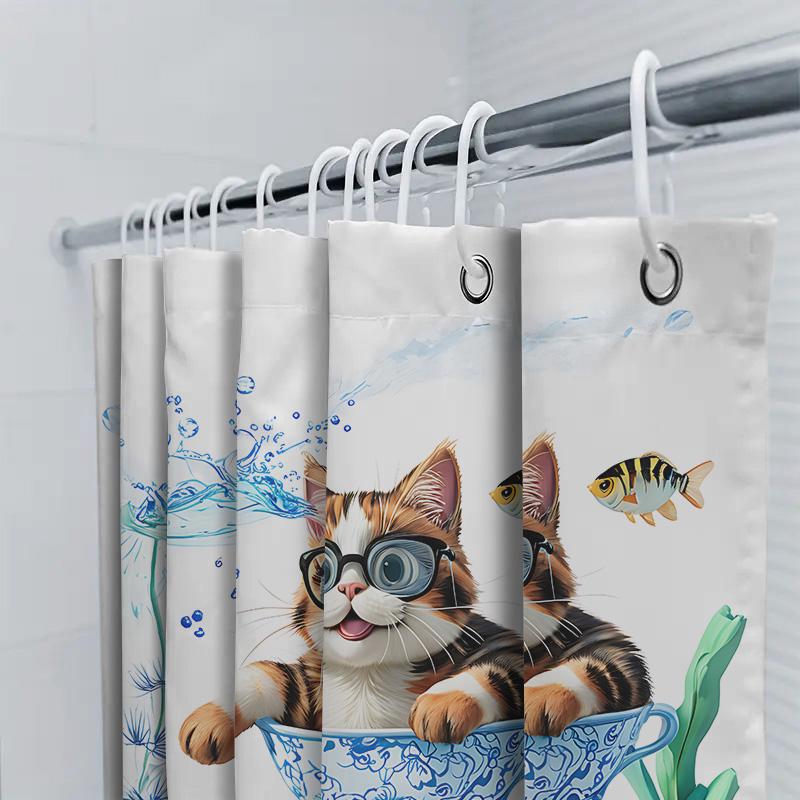 Cute Cat In Blue Teacup Shower Curtain For Bathroom Decoration Funny Pet Design Waterproof Durable Easy To Install And Maintain