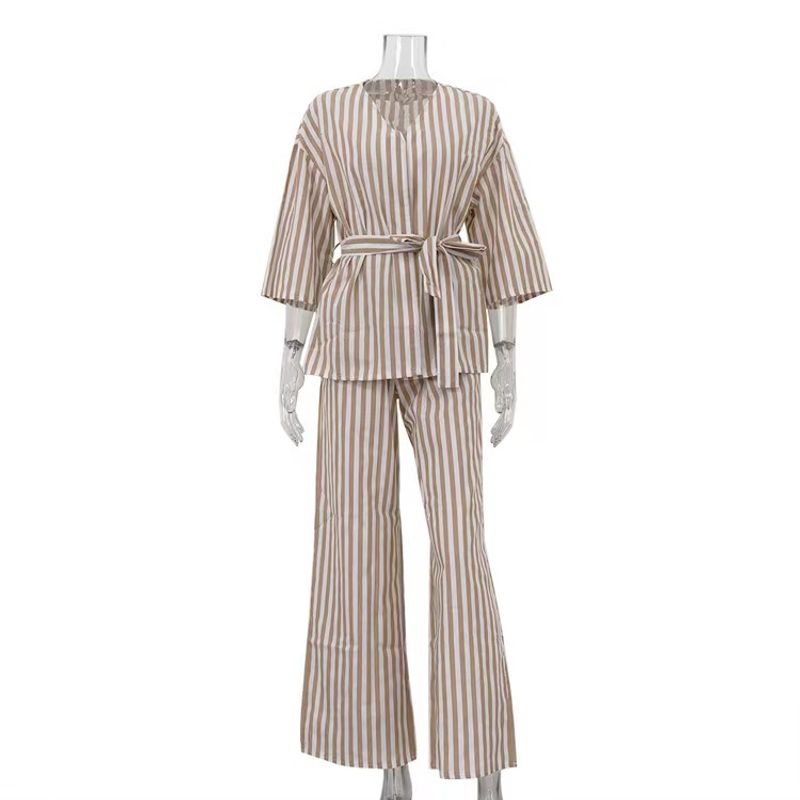 

Fashion Wind Fashion Stripes V-neck Lace-up Top and Trousers Suit Striped Shirt and Pants Set Brown L